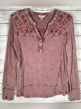 Lucky & Coco Long Sleeve Henley Top Beaded Embroidered Cotton Boho Wine L